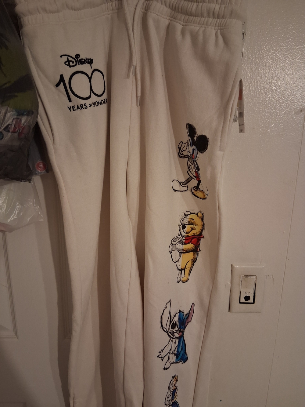Disney Cream Sweatpants with Mickey, Pooh & Stitch Graphics